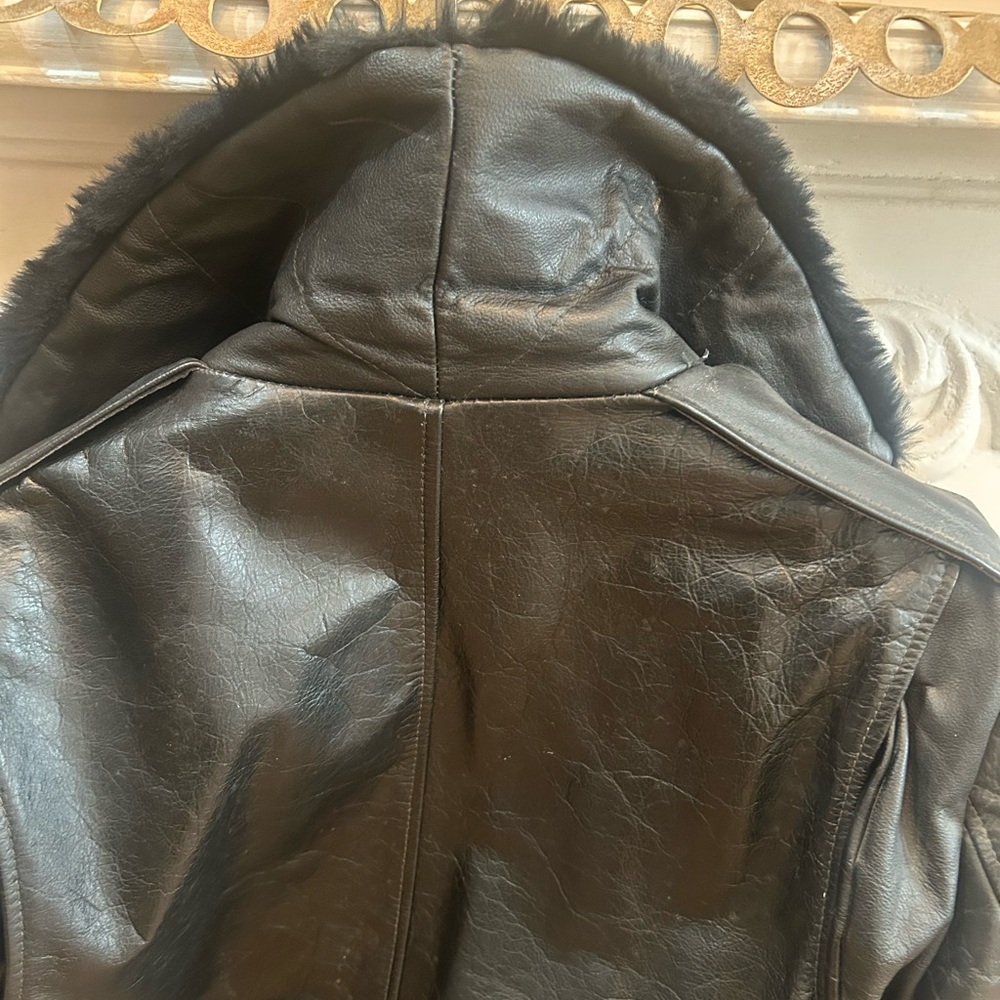 Black Leather Bomber Jacket with Fur Collar - Picture 6 of 11